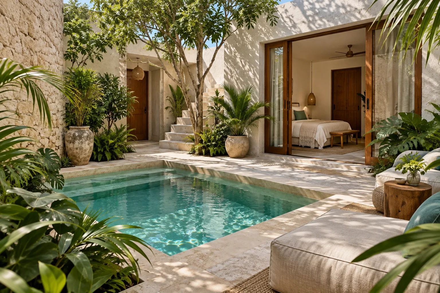 Patio de un alojamiento boutique entre vegetación tropical; imagen ilustrativa generada con IA.