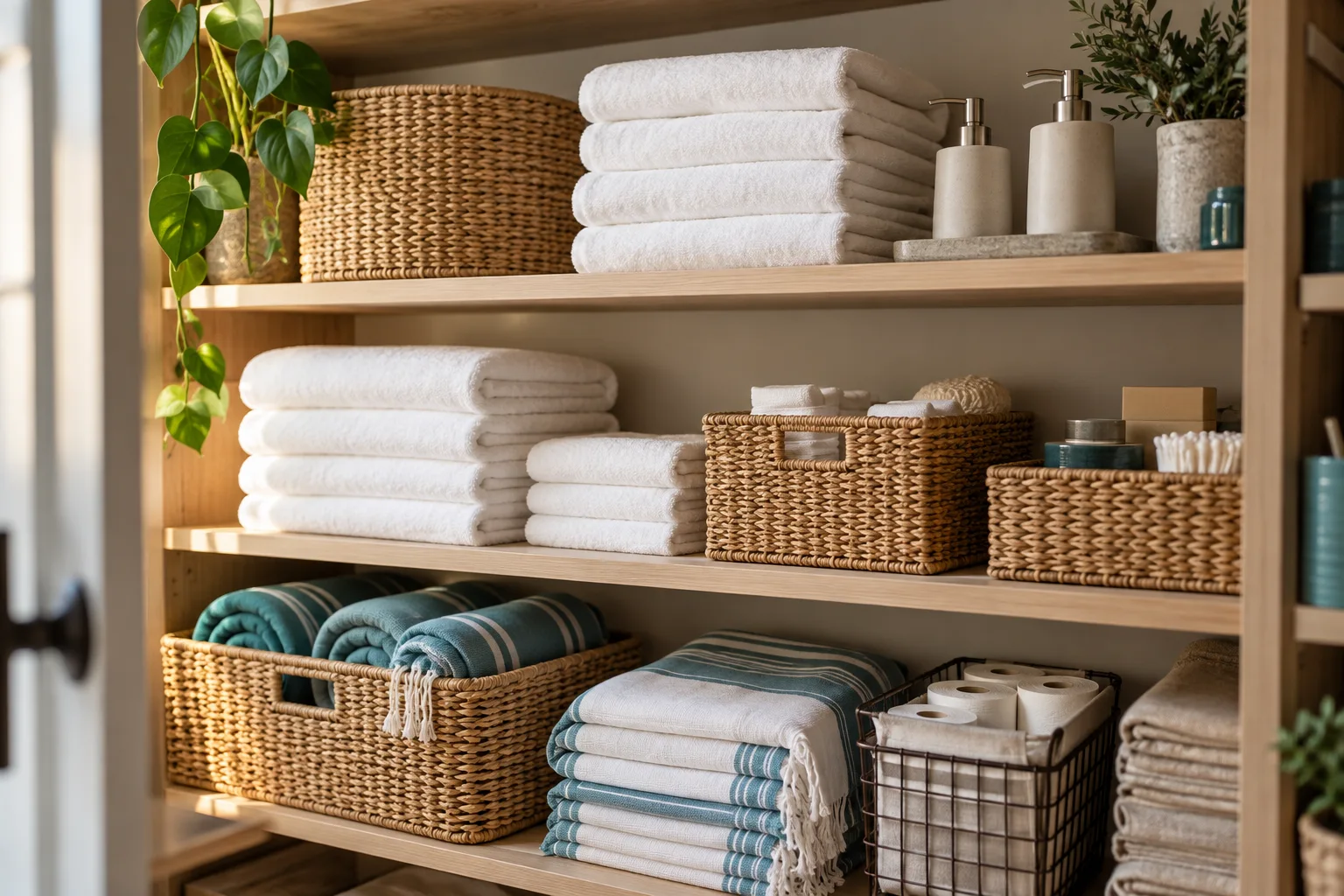 Estantería organizada con textiles e insumos de hospitalidad; imagen generada con IA.